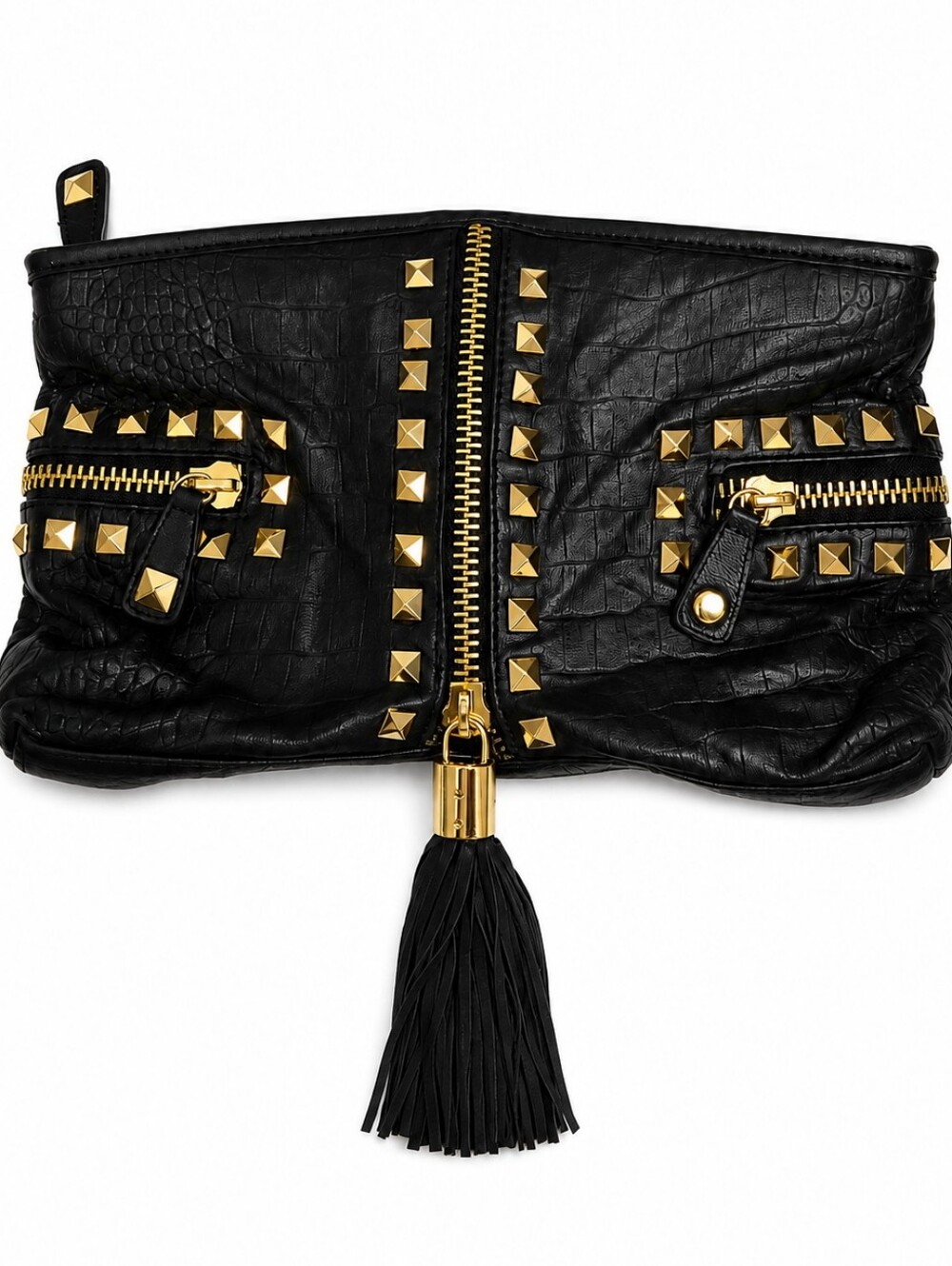 Betsey Johnson Genuine Leather Black Studded Tassel Clutch